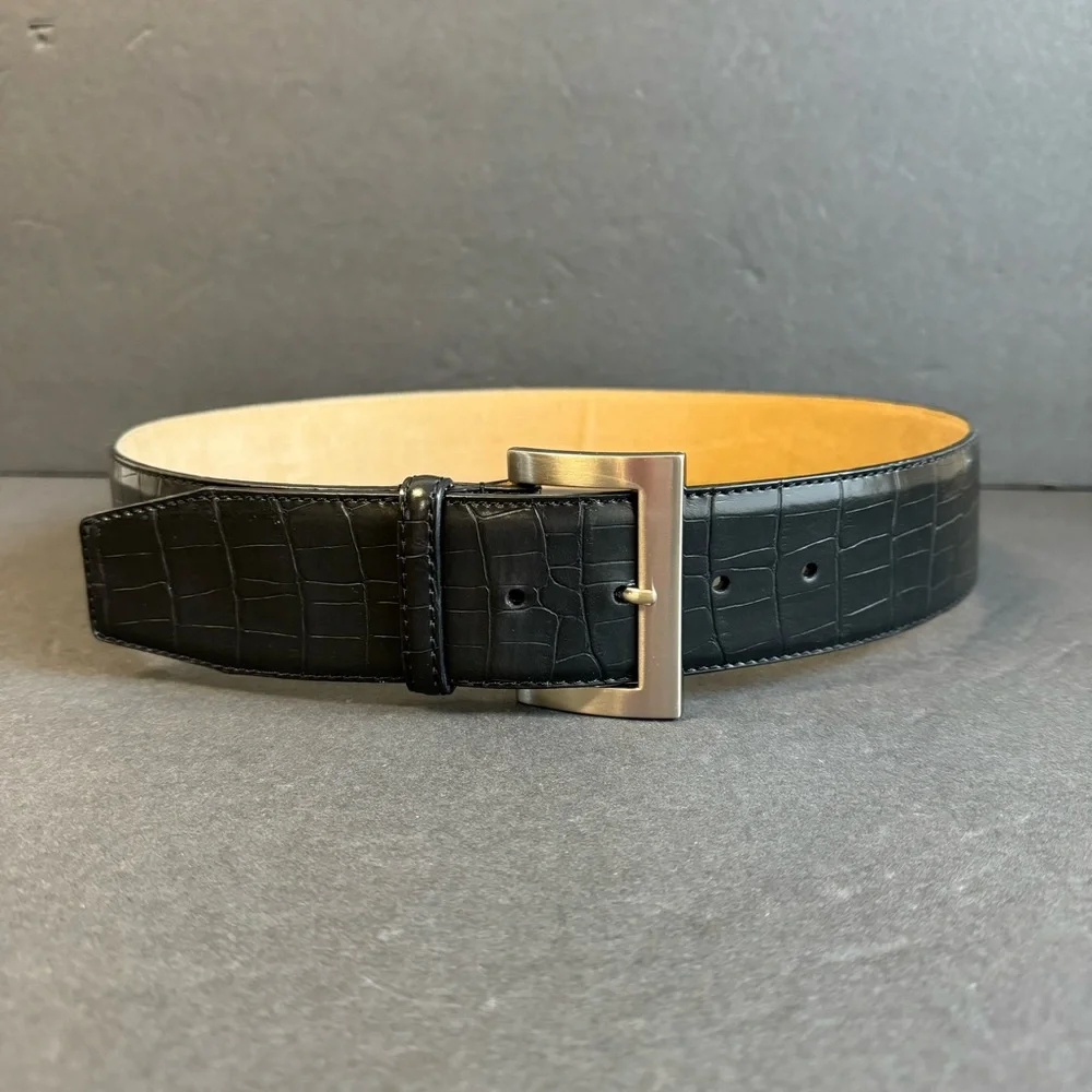 Vintage Wide Waist Belt Black‎ Leather Alligator Embossed Moc Croc Womens Medium